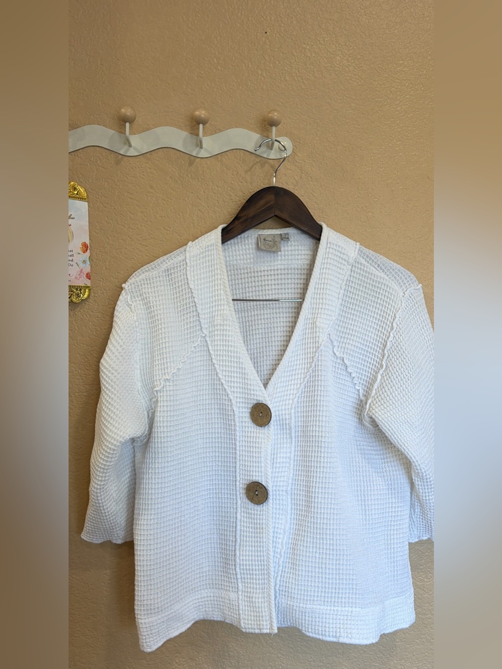 100% Cotton -Waffle Knit White Button-Front Cardigan Jacket